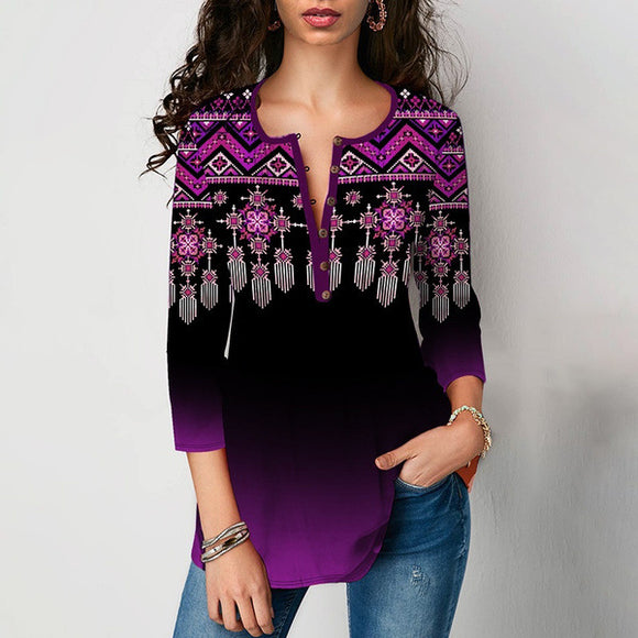 Playera Mujer Cuello V Manga Tres Cuartos con Estampado
