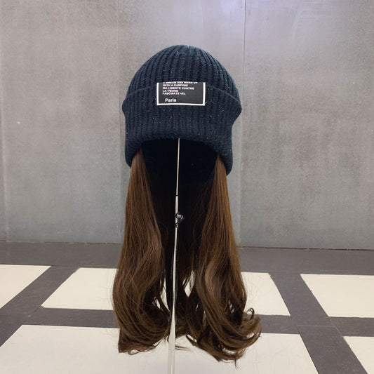 Gorro Tejido con Peluca Rizada Púrpura - Gorro Invisible Desmontable de Seda Brillante