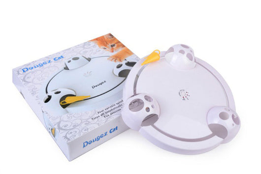 White interactive cat toy with a yellow feather, designed for mouse pouncing, next to a silver tabby cat. - Image 4