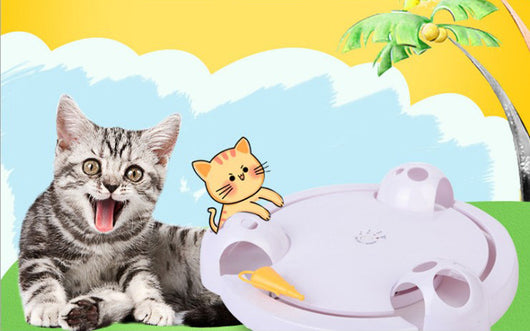 White interactive cat toy with a yellow feather, designed for mouse pouncing, next to a silver tabby cat. - Image 7