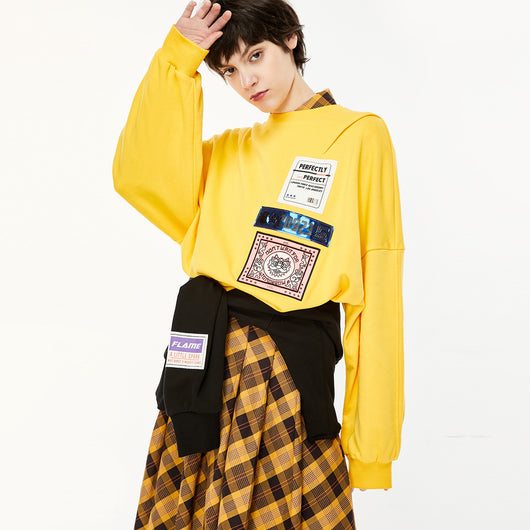 Sudadera Suelta con Cuello Redondo y Estampado de Parches para Mujer
