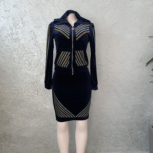 Conjunto de Falda y Chaqueta con Capucha de Terciopelo Dorado Africano - Image 13
