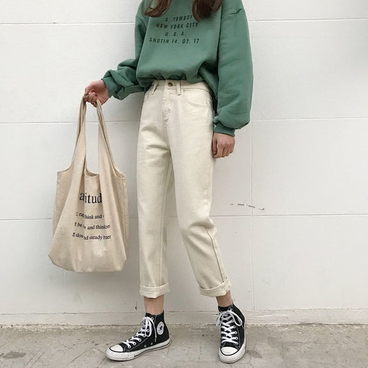 Jeans de Cintura Alta con Encaje Estilo Coreano para Mujer - Pantalones Rectos Oversize - Image 15