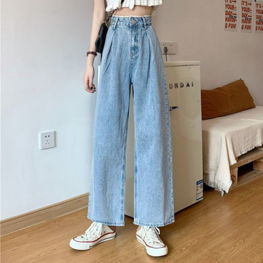 Jeans de Cintura Alta con Encaje Estilo Coreano para Mujer - Pantalones Rectos Oversize