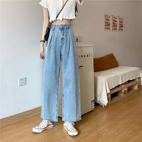 Women's High Waist Lace Korean Style Jeans - Oversized Straight Pants