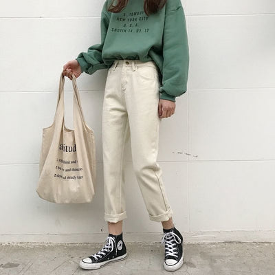 Jeans de Cintura Alta con Encaje Estilo Coreano para Mujer - Pantalones Rectos Oversize - Image 3