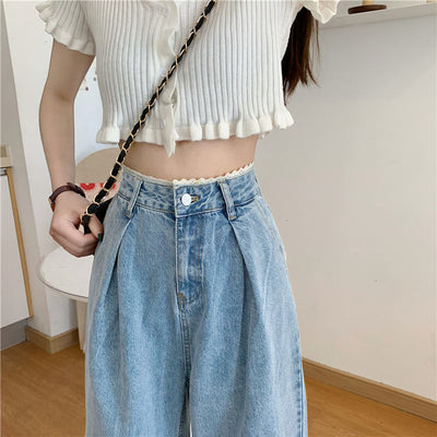 Jeans de Cintura Alta con Encaje Estilo Coreano para Mujer - Pantalones Rectos Oversize - Image 4