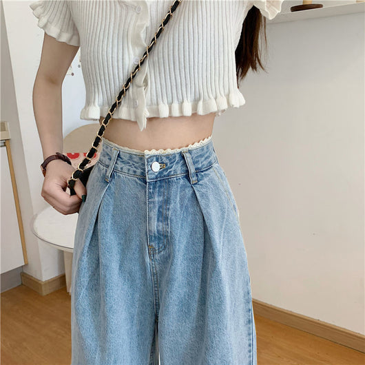 Jeans de Cintura Alta con Encaje Estilo Coreano para Mujer - Pantalones Rectos Oversize - Image 4