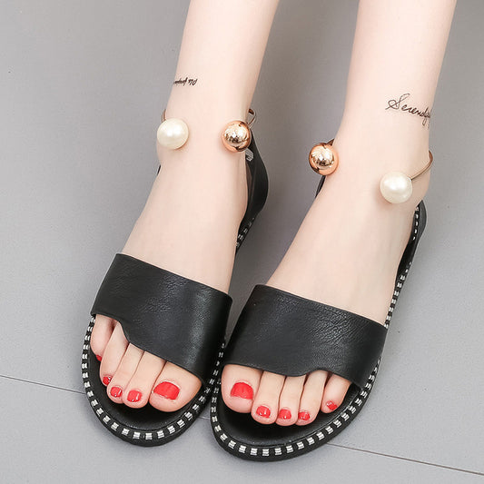 Sandalias Cómodas con Hebilla Perla de Suela Plana - Estilo Coreano Casual para Mujer