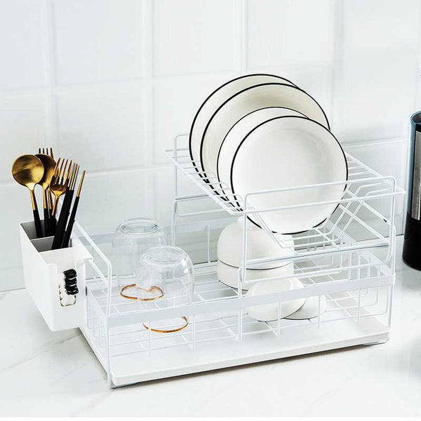 Escurridor de Cocina Doble Nivel en Metal - Organizador de Platos y Vajilla