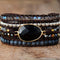 Pulsera Bohemia de Ágata Negra Tejida a Mano con Cuentas y Cuero Multicapa