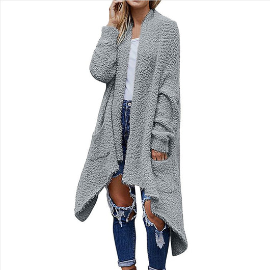 Cardigan Largo Grueso de Felpa para Mujer - Abrigo Holgado de Manga Larga Color Sólido - Image 10