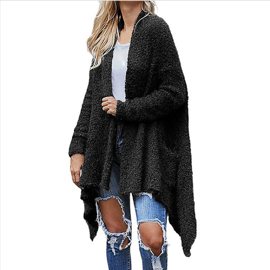Cardigan Largo Grueso de Felpa para Mujer - Abrigo Holgado de Manga Larga Color Sólido - Image 8