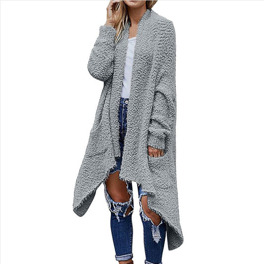 Cardigan Largo Grueso de Felpa para Mujer - Abrigo Holgado de Manga Larga Color Sólido