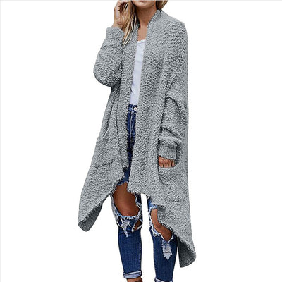 Cardigan Largo Grueso de Felpa para Mujer - Abrigo Holgado de Manga Larga Color Sólido