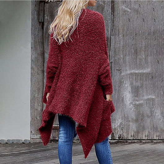 Cardigan Largo Grueso de Felpa para Mujer - Abrigo Holgado de Manga Larga Color Sólido - Image 5