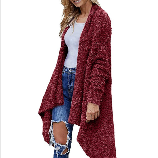 Cardigan Largo Grueso de Felpa para Mujer - Abrigo Holgado de Manga Larga Color Sólido