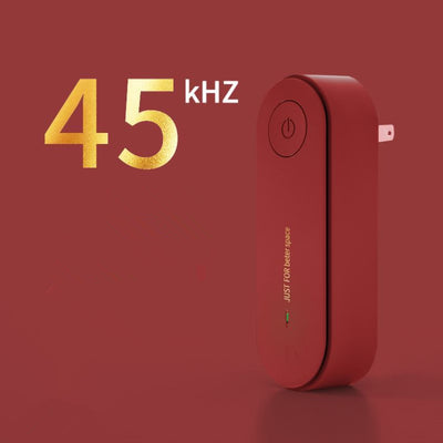 Red ultrasonic pest repellent with a power button, two-prong plug, and text "45 kHz" and "JUST FOR better space."