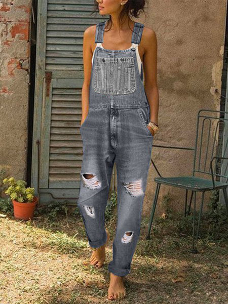 Enterizo Denim Mujer Rotos Diseño Moderno Overol Casual