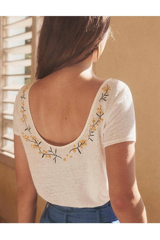 Blusa Elegante de Lino con Espalda Abierta y Bordados Delicados - Image 7