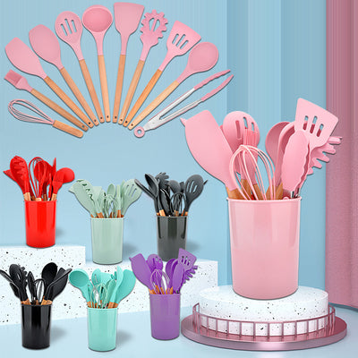 Set de 12 Utensilios de Cocina de Silicona con Mango de Madera - Espátulas Antiadherentes