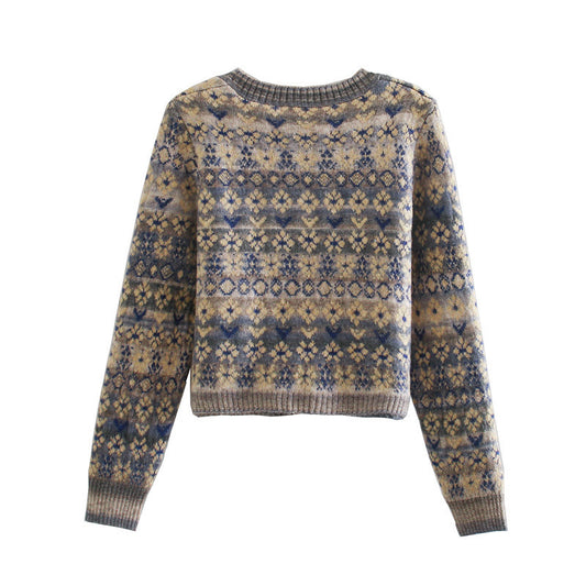 Suéter Retro para Mujer con Cuello Cuadrado y Mangas Largas - Diseño Jacquard Elegante - Image 2