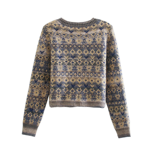 Suéter Retrô Feminino com Gola Quadrada e Mangas Compridas - Design Jacquard Elegante
