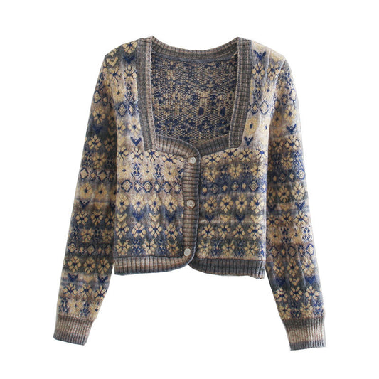 Suéter Retro para Mujer con Cuello Cuadrado y Mangas Largas - Diseño Jacquard Elegante