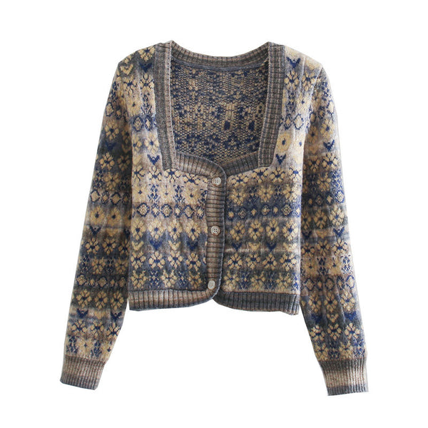 Suéter Retro para Mujer con Cuello Cuadrado y Mangas Largas - Diseño Jacquard Elegante