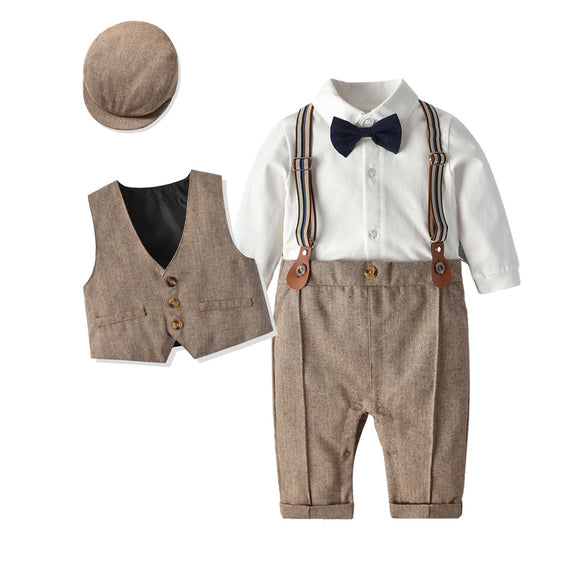 Traje Caballero Británico para Bebé - Conjunto Elegante con Chaleco y Gorro