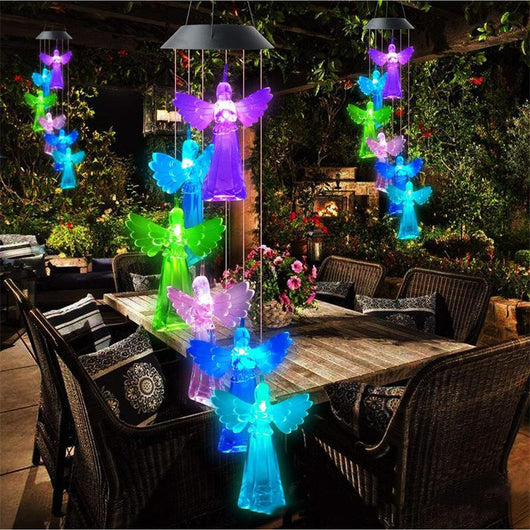 Lámpara Solar Decorativa Ángel con Luz LED - Carillón Eólico Exterior Colibrí y Mariposa