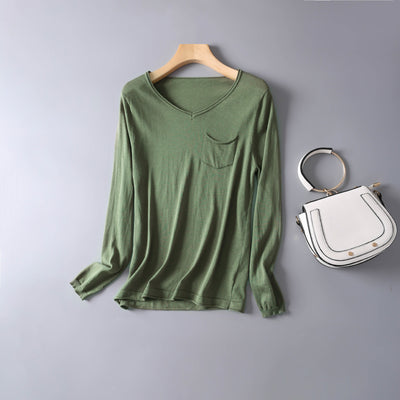 Blusa de Algodón y Seda para Otoño e Invierno - Cuello V Manga Larga Térmica - Image 14