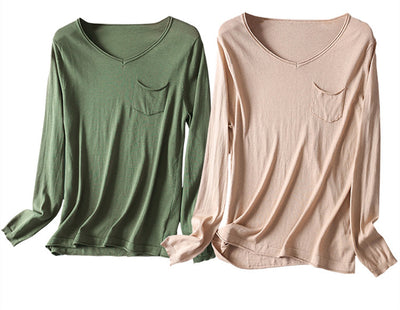 Blusa de Algodón y Seda para Otoño e Invierno - Cuello V Manga Larga Térmica - Image 11