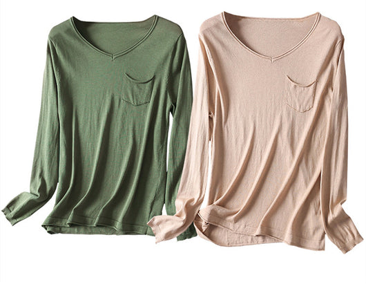 Blusa de Algodón y Seda para Otoño e Invierno - Cuello V Manga Larga Térmica - Image 3