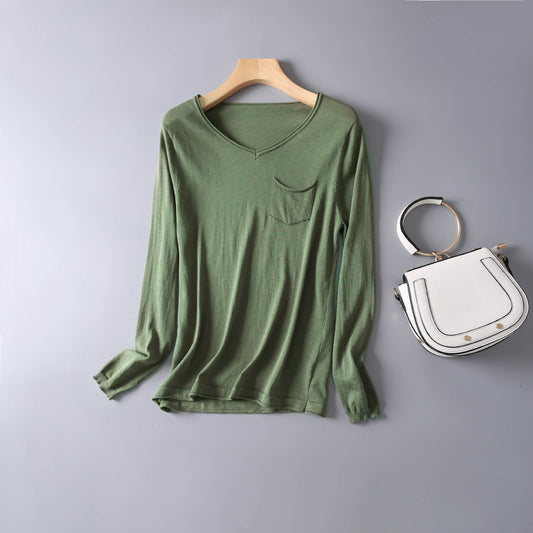 Blusa de Algodón y Seda para Otoño e Invierno - Cuello V Manga Larga Térmica