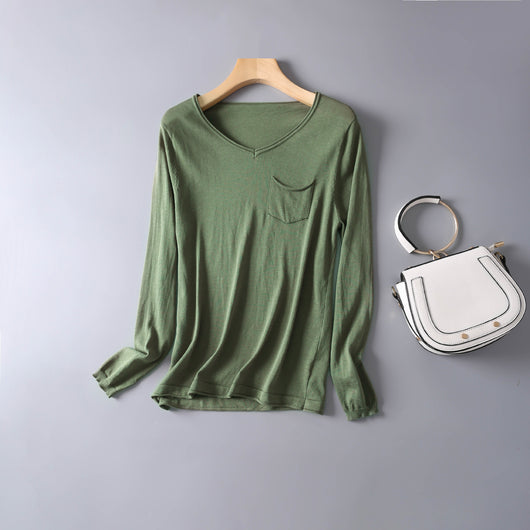 Blusa de Algodón y Seda para Otoño e Invierno - Cuello V Manga Larga Térmica