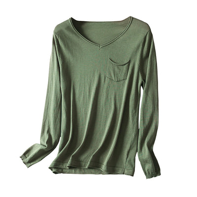 Blusa de Algodón y Seda para Otoño e Invierno - Cuello V Manga Larga Térmica - Image 2