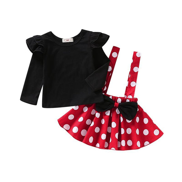 Girls' Summer Outfit: Ruffle Sleeve Blouse + Polka Dot Strap Skirt