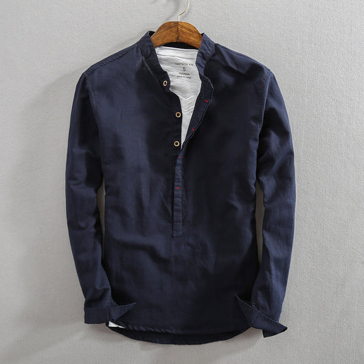 Camisa Retro de Algodón y Lino para Hombre con Cuello Mao - Pullover Primavera - Image 11