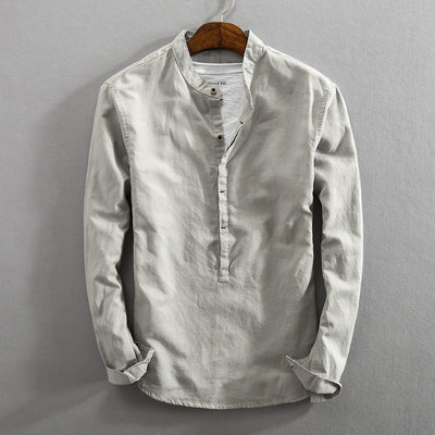 Camisa Retro de Algodón y Lino para Hombre con Cuello Mao - Pullover Primavera - Image 9