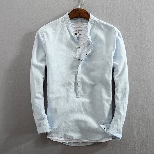 Camisa Retro de Algodón y Lino para Hombre con Cuello Mao - Pullover Primavera - Image 12