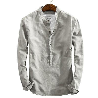Camisa Retro de Algodón y Lino para Hombre con Cuello Mao - Pullover Primavera - Image 13