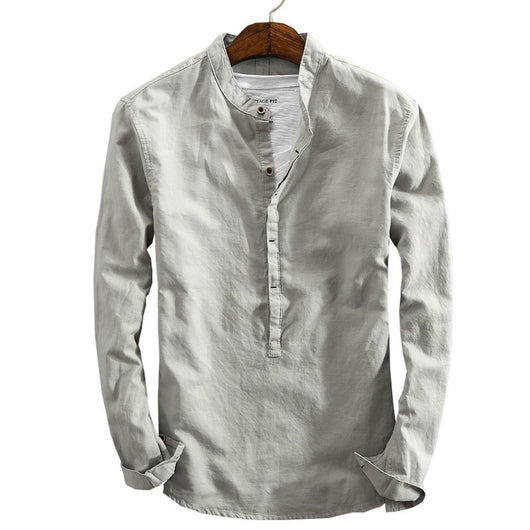 Camisa Retro de Algodón y Lino para Hombre con Cuello Mao - Pullover Primavera - Image 13