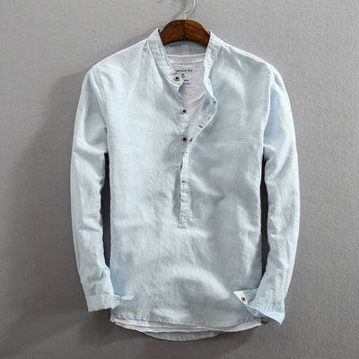 Camisa Retro de Algodón y Lino para Hombre con Cuello Mao - Pullover Primavera - Image 3