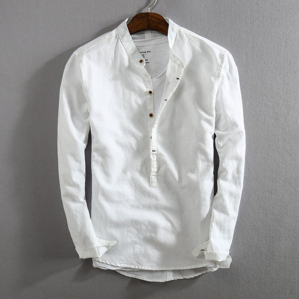 Camisa Retro de Algodón y Lino para Hombre con Cuello Mao - Pullover Primavera