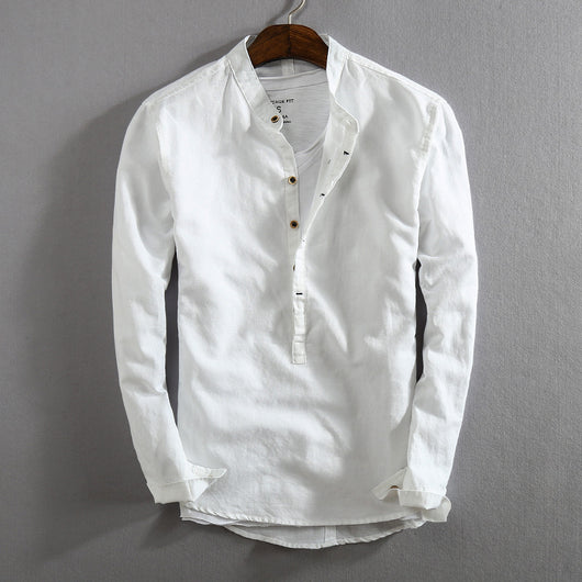 Camisa Retro de Algodón y Lino para Hombre con Cuello Mao - Pullover Primavera