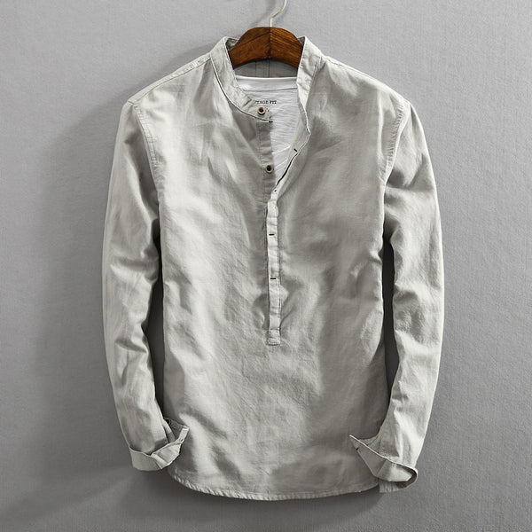 Camisa Retro de Algodón y Lino para Hombre con Cuello Mao - Pullover Primavera