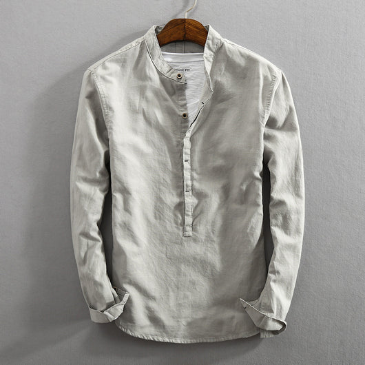 Camisa Retro de Algodón y Lino para Hombre con Cuello Mao - Pullover Primavera - Image 2