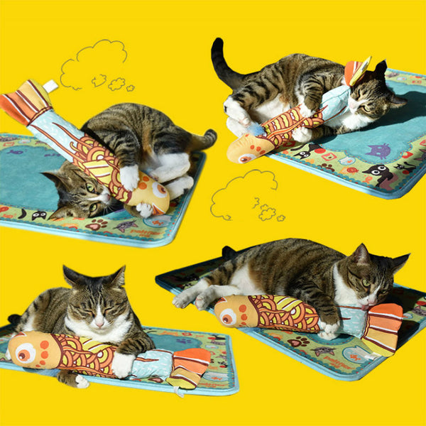 Three colorful plush fish cat toys, each with unique patterns in yellow, pink, and orange, on retail packaging.