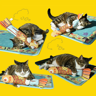 Three colorful plush fish cat toys, each with unique patterns in yellow, pink, and orange, on retail packaging.